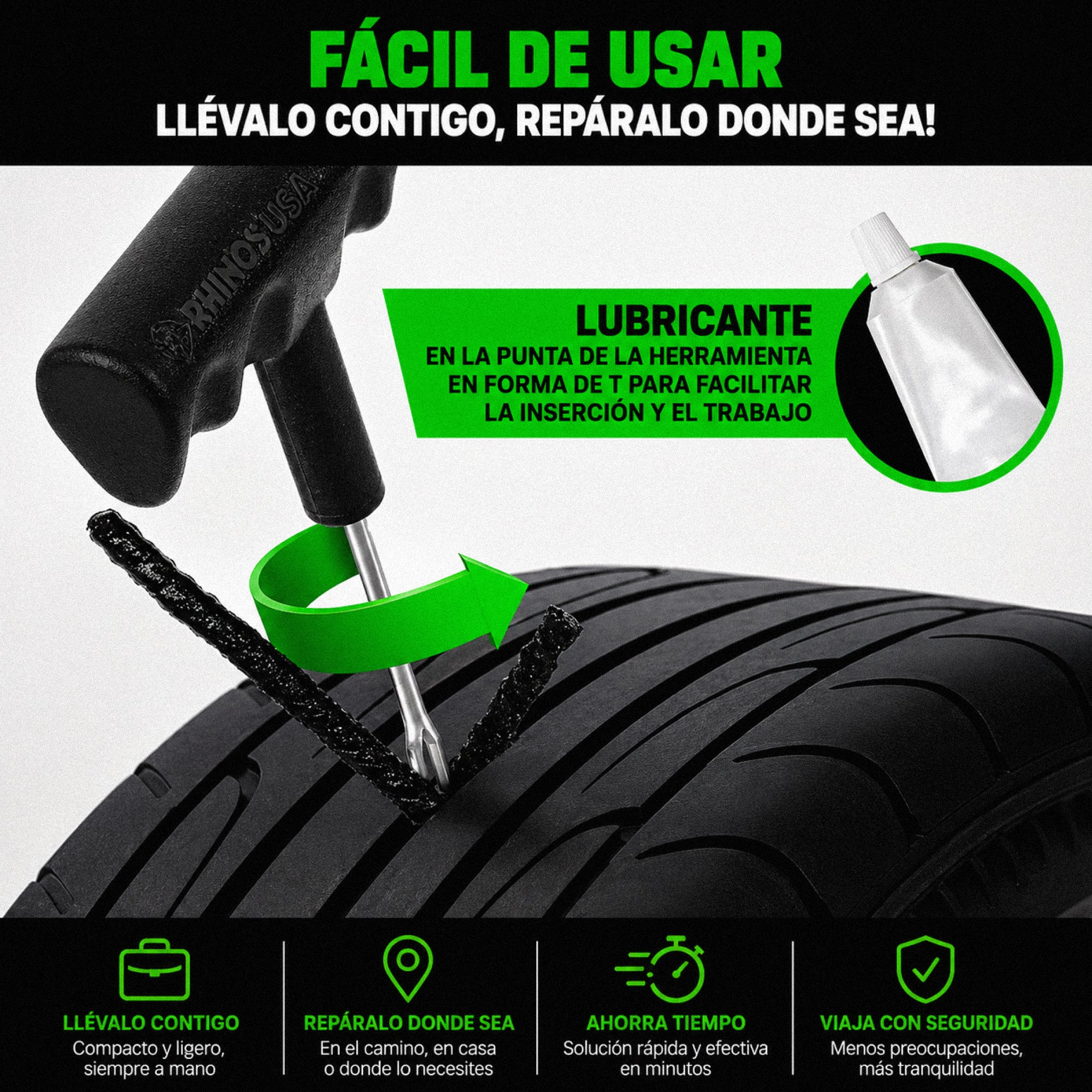 Kit de reparación de neumáticos compacto - 14p rhino usa