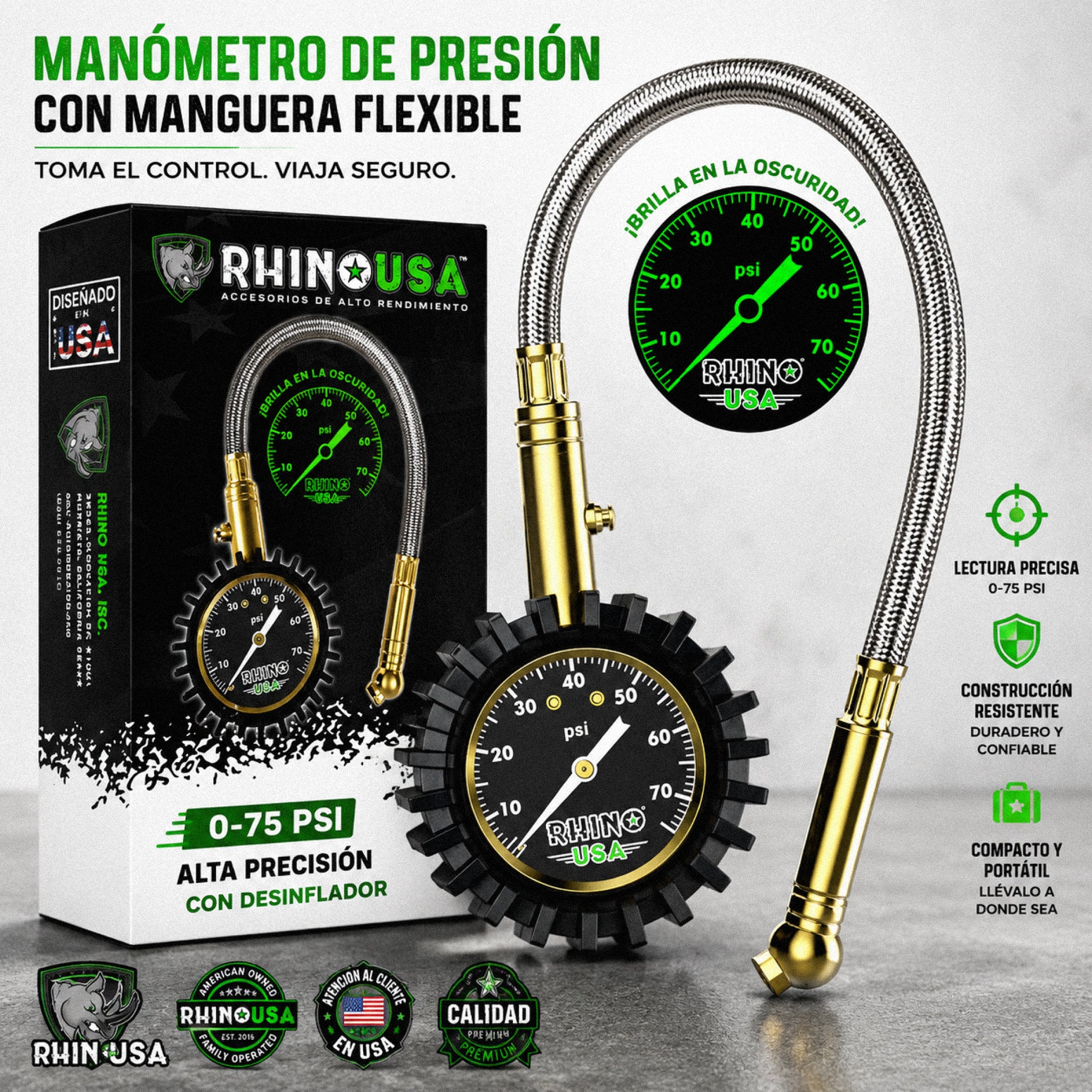 Manómetro heavy duty de presion (0-75 psi) para neumáticos Rhino USA