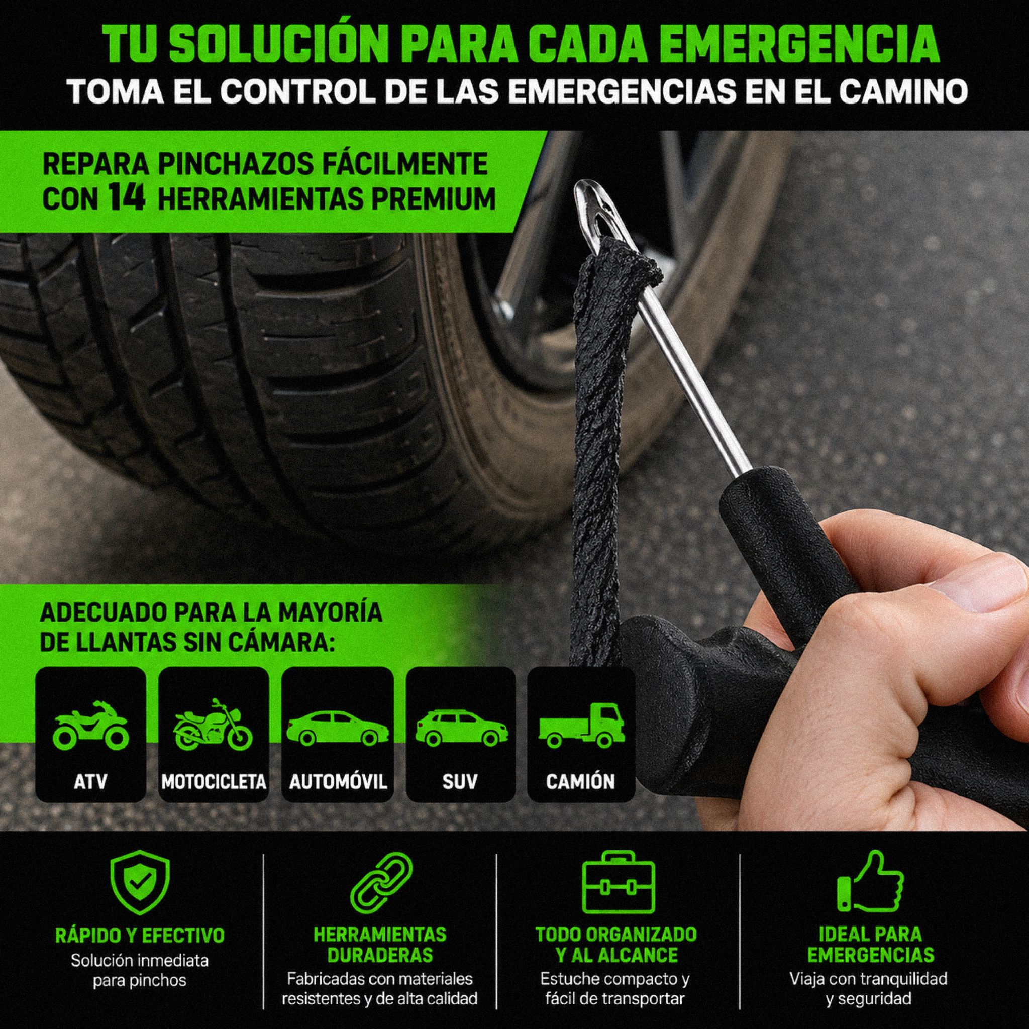 Kit de reparación de neumáticos compacto - 14p rhino usa