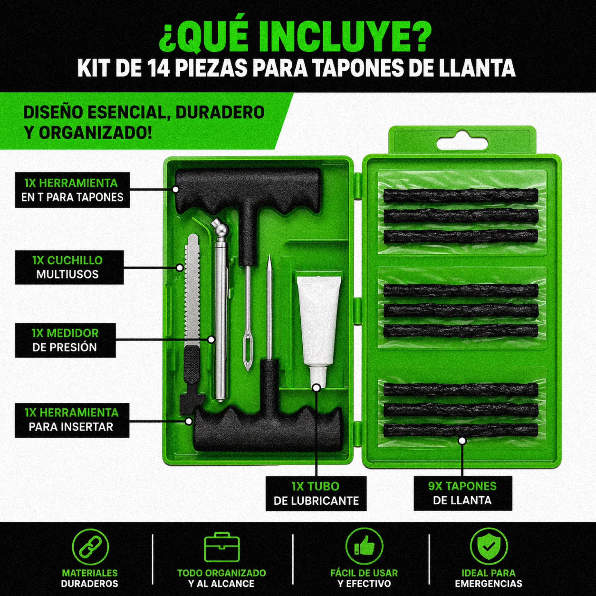Kit de reparación de neumáticos compacto - 14p rhino usa